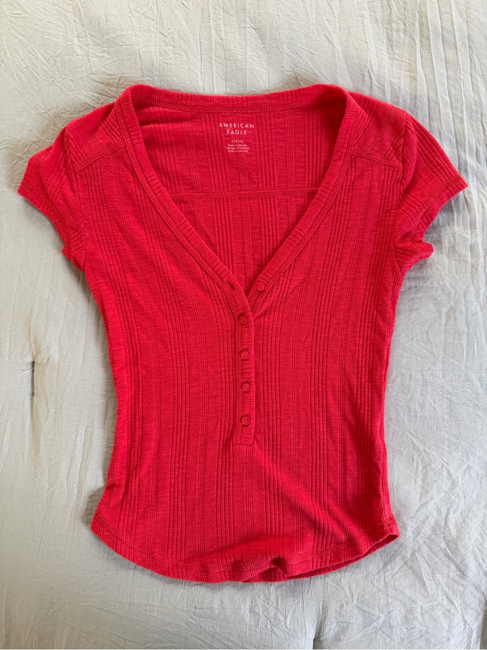 American Eagle Outfitters Bright Red Ribbed Button-Front V-Neck Top